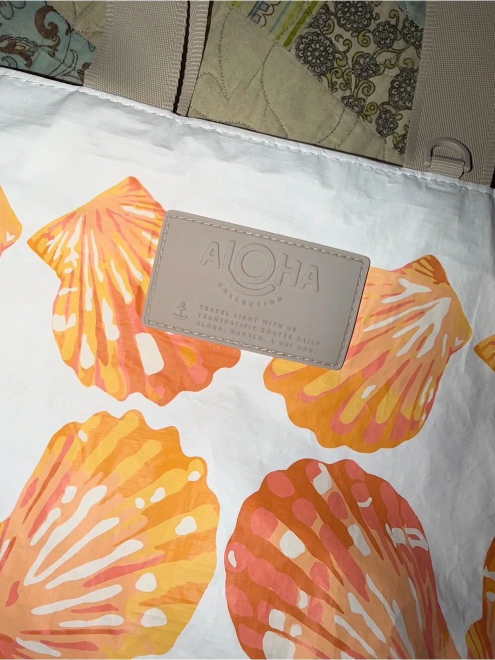 ALOHA Collection White Tote with Orange Shell Print and Beige Straps